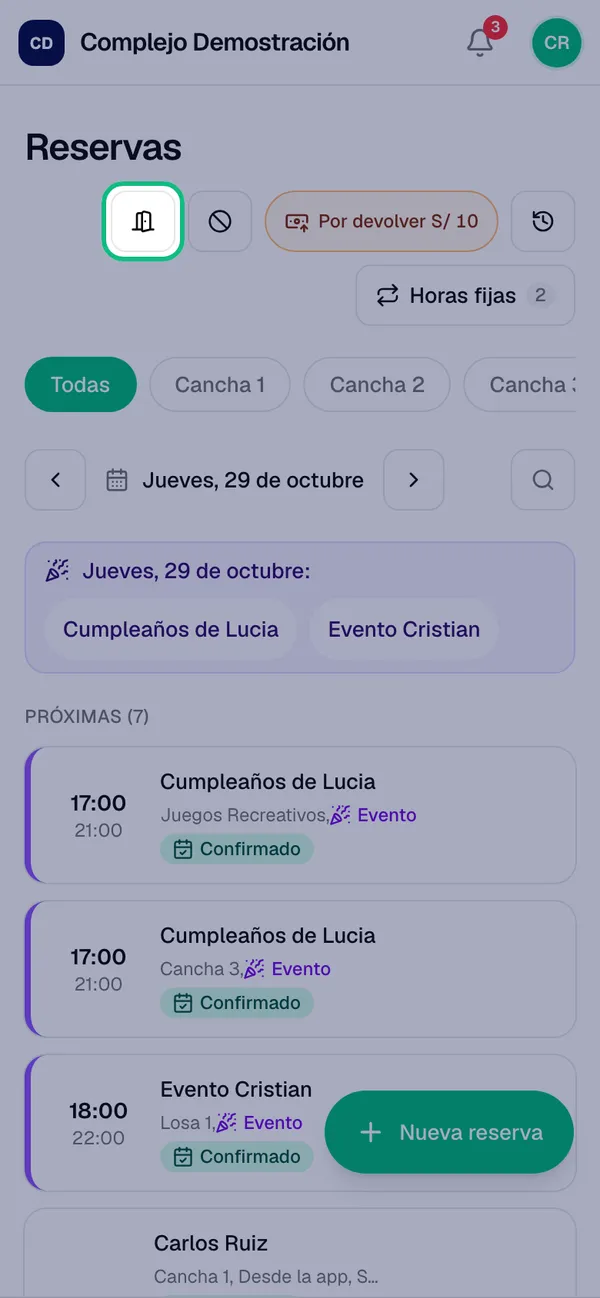 Pantalla Reservas con el botón Abrir horas resaltado