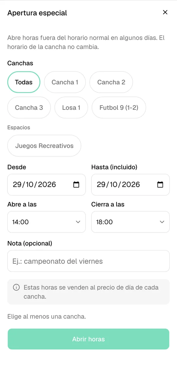 Formulario Apertura especial con canchas, fechas y horario