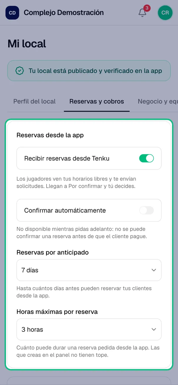 Pestaña Reservas y cobros con las opciones de reservas desde la app