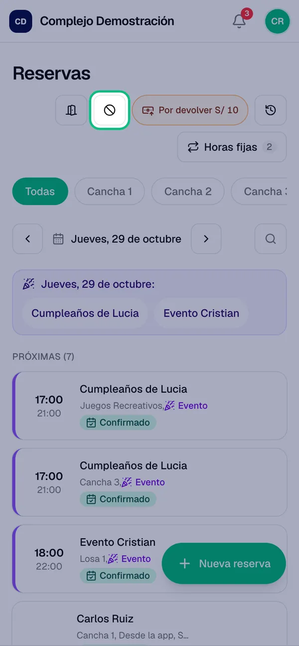 Pantalla Reservas con el botón Bloquear resaltado