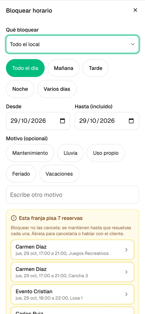 Formulario Bloquear horario con el aviso de reservas que ya existen en esa franja