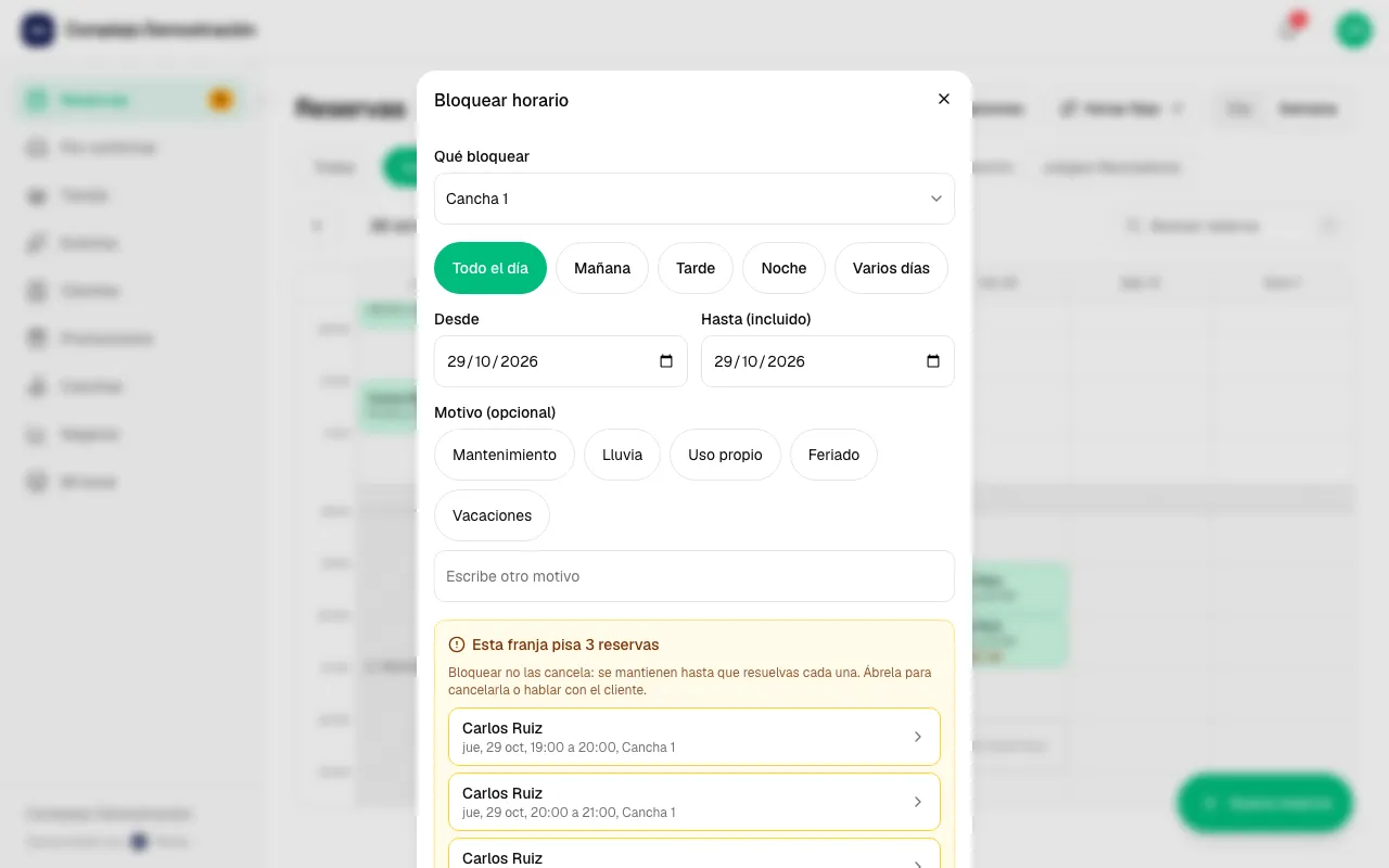 Formulario Bloquear horario con el aviso de reservas que ya existen en esa franja