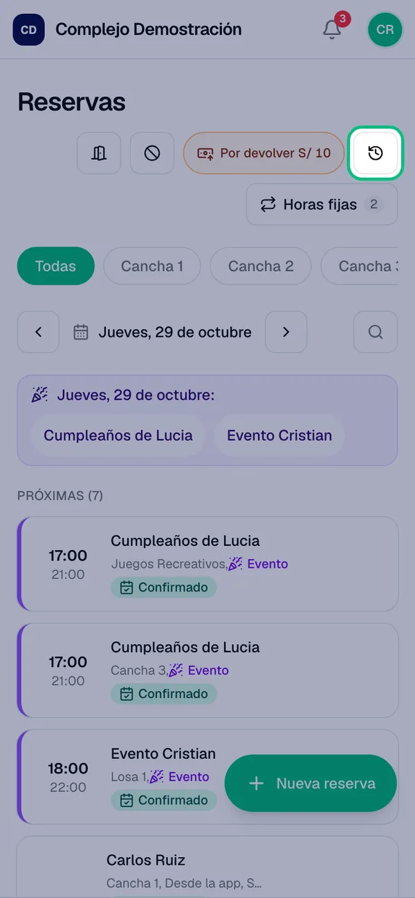 Pantalla Reservas con el aviso Por devolver y el botón Cancelaciones resaltado