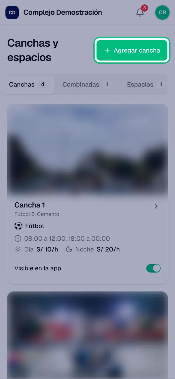 Pantalla Canchas y espacios con el botón Agregar cancha resaltado