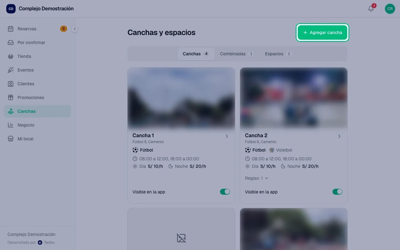 Pantalla Canchas y espacios con el botón Agregar cancha resaltado