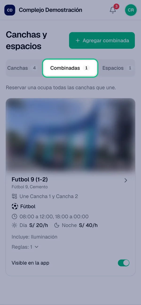 Pestaña Combinadas con una cancha que une la Cancha 1 y la Cancha 2
