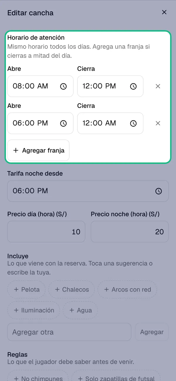 Sección Horario de atención con dos franjas y el botón Agregar franja