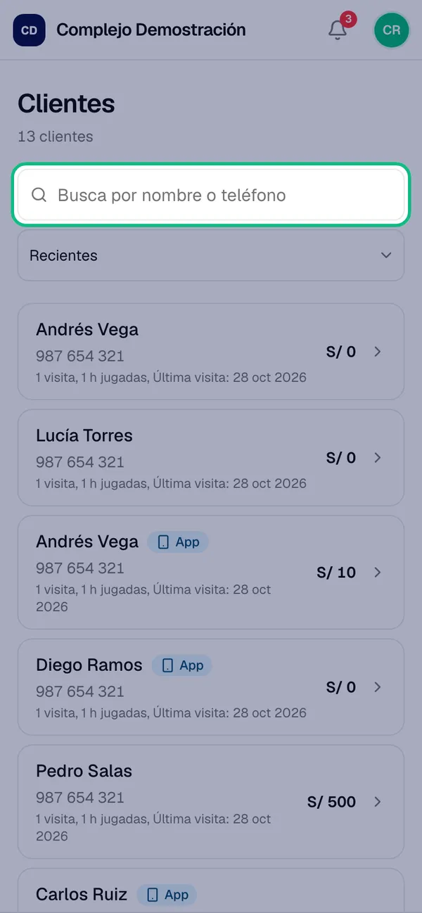 Lista de Clientes con el buscador y las visitas de cada cliente