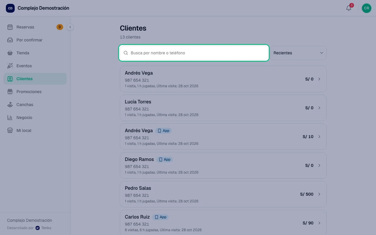 Lista de Clientes con el buscador y las visitas de cada cliente