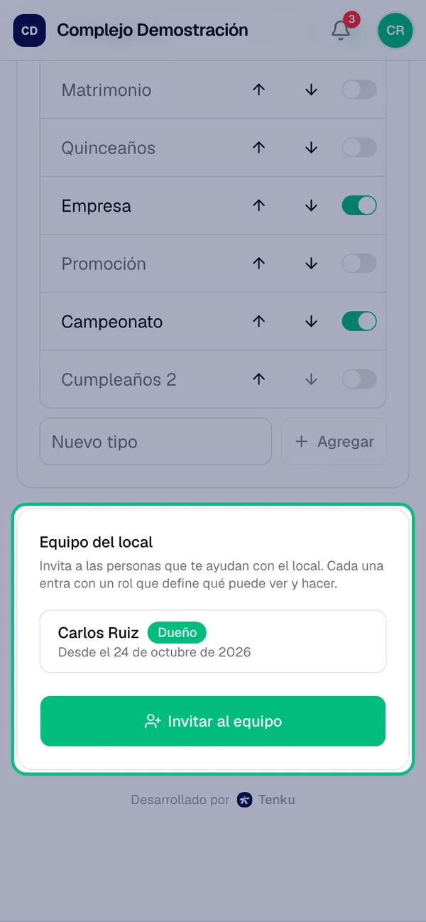 Sección Equipo del local con el botón Invitar al equipo