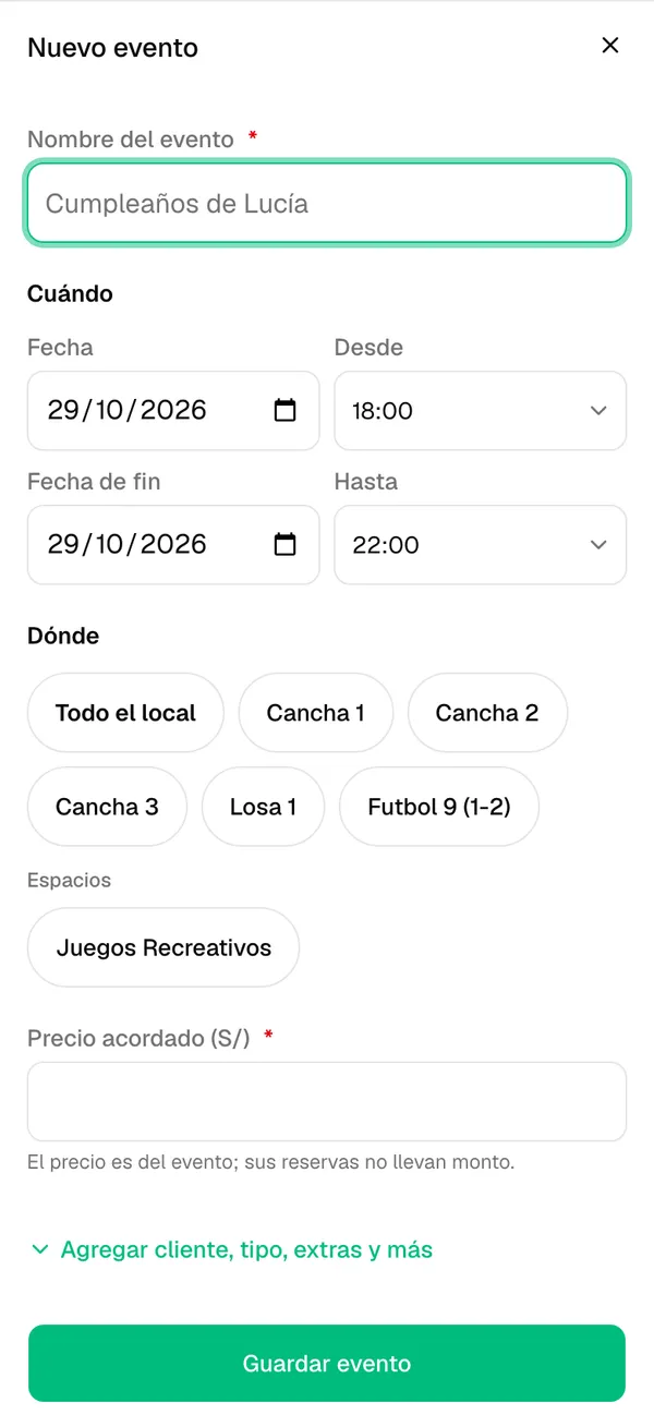 Formulario Nuevo evento con el nombre, la fecha y los espacios