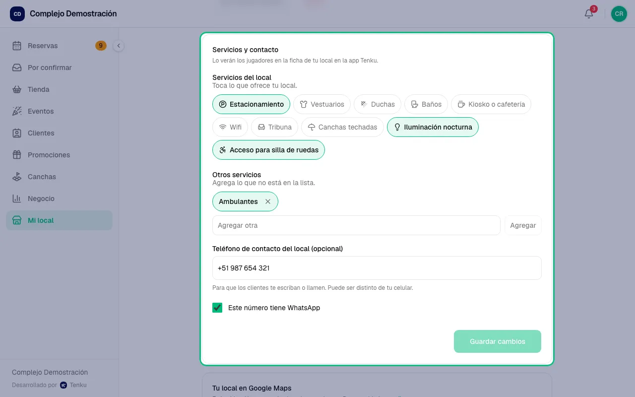 Sección Servicios y contacto con los servicios del local