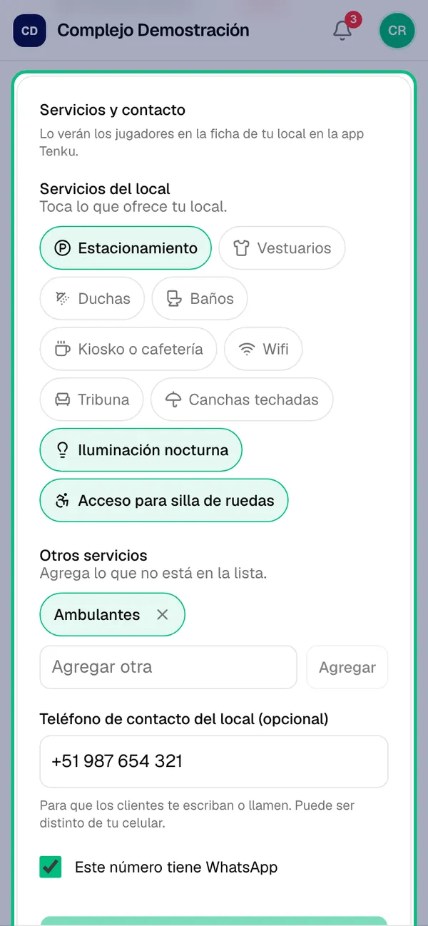 Sección Servicios y contacto con los servicios del local