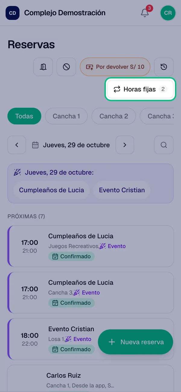 Pantalla Reservas con el botón Horas fijas resaltado