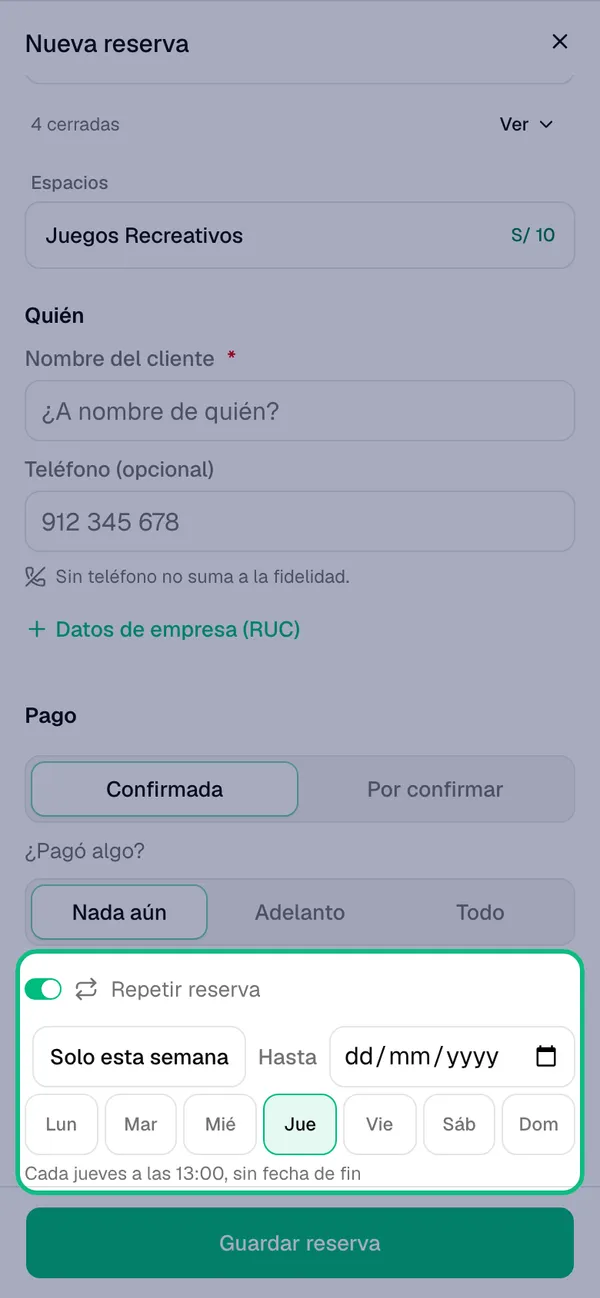 Formulario Nueva reserva con Repetir reserva activado y los días de la semana
