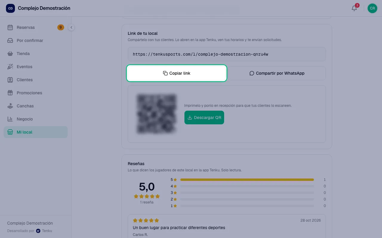 Sección Link de tu local con el botón Copiar link resaltado y el código QR