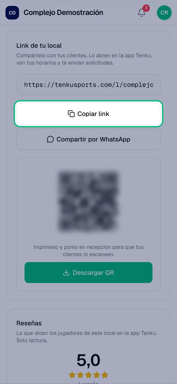 Sección Link de tu local con el botón Copiar link resaltado y el código QR