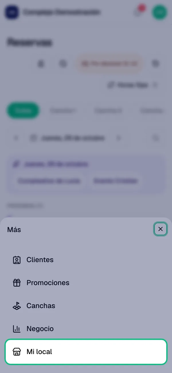 Menú con la opción Mi local resaltada