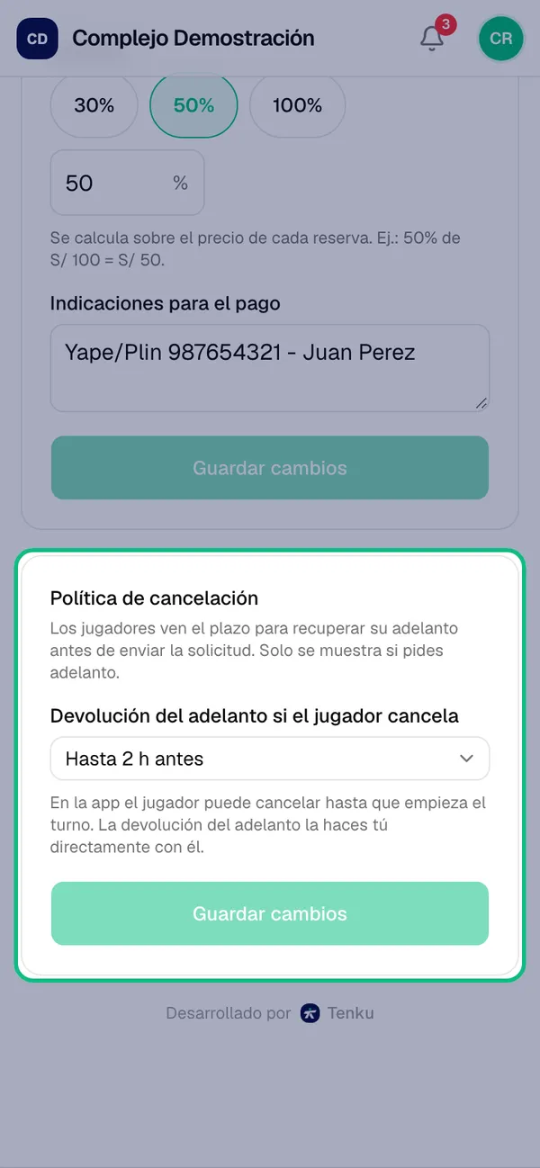 Sección Política de cancelación con el plazo de devolución del adelanto