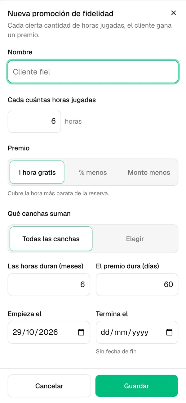 Formulario Nueva promoción de fidelidad con el nombre, las horas y el premio