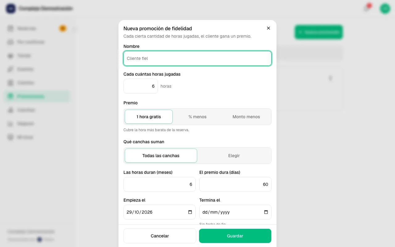 Formulario Nueva promoción de fidelidad con el nombre, las horas y el premio