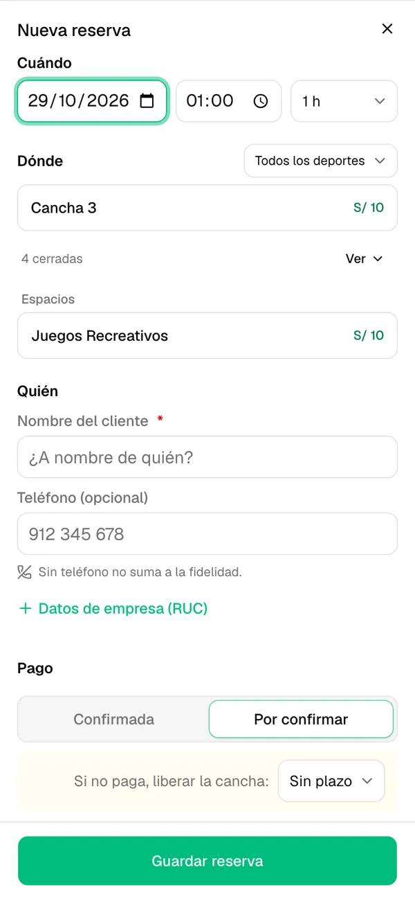 Formulario Nueva reserva con la fecha, la hora y las canchas libres