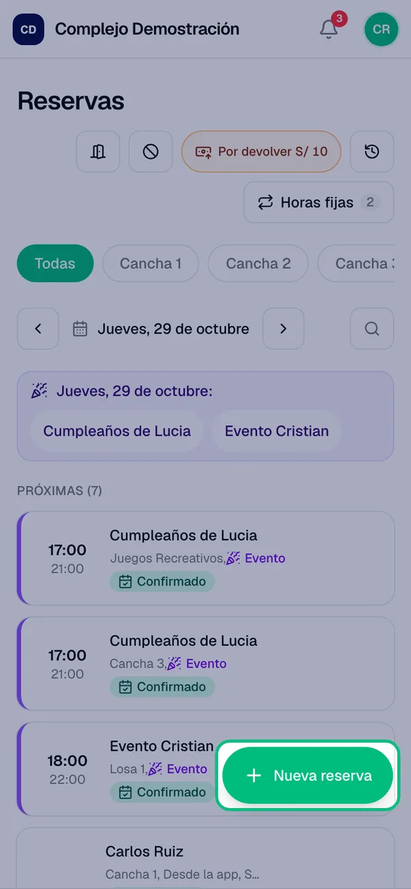 Pantalla Reservas con el botón Nueva reserva resaltado