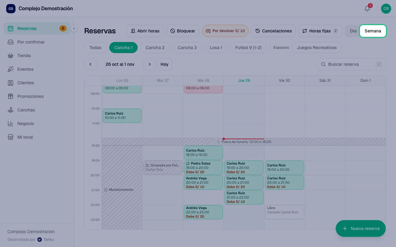 Pantalla Reservas en la vista Semana con el botón Semana resaltado