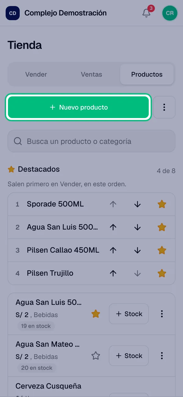 Pestaña Productos de la Tienda con el botón Nuevo producto