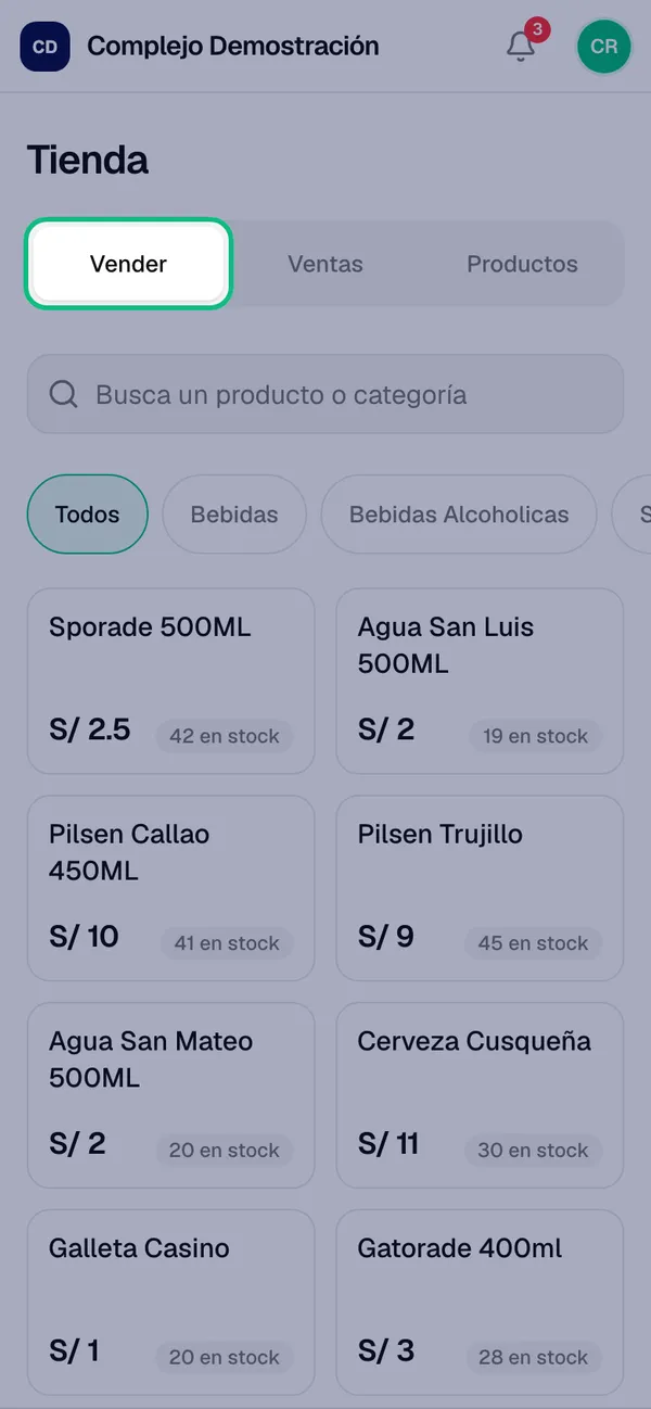 Pestaña Vender de la Tienda con los productos para agregar al carrito